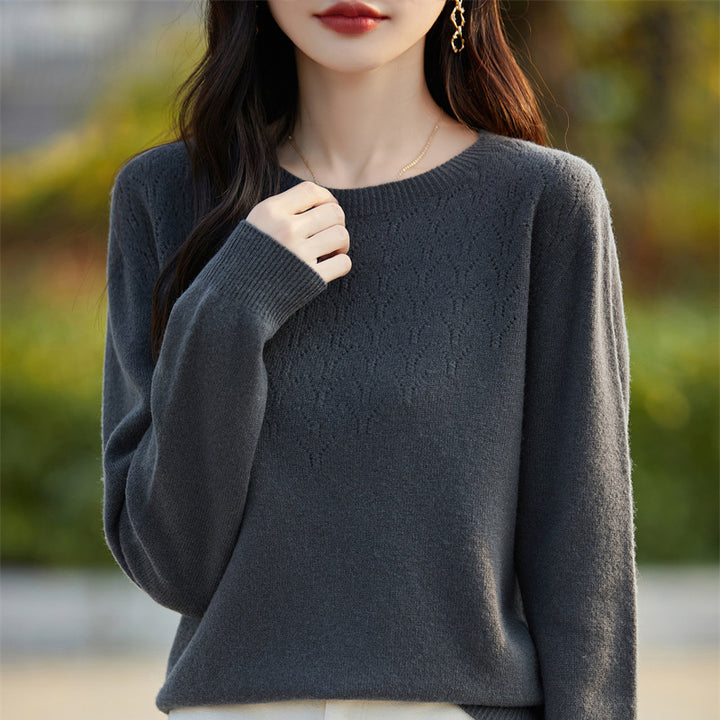 Women's Soft Round Neck Sweater in Cashmere Look with Fine Openwork Pattern and Snug Fit Mune Fashion