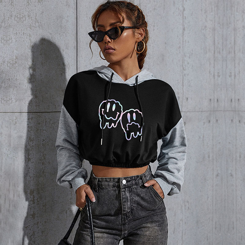 Women's Cropped Hoodie with Contrast Sleeves, Elastic Hem and Melting Smiley Print