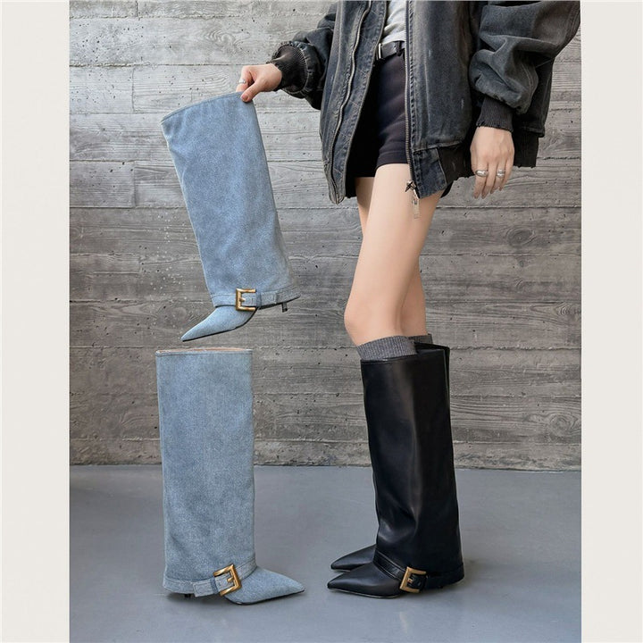 Ladies Knee-High Slouch Boots with Pointed Toe Shape, Slim Heel and Decorative Buckle Cuff Mune Fashion