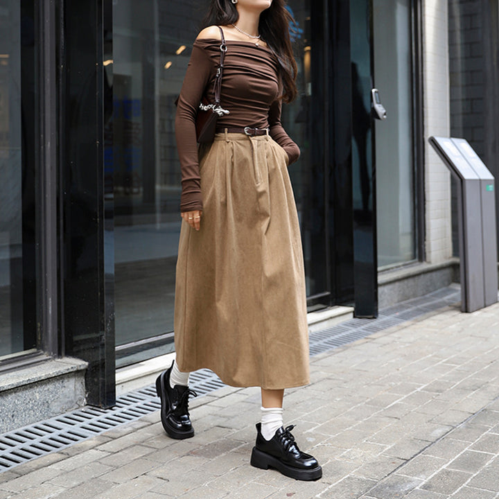 Women's fitted A-line corduroy skirt with box pleats and imitation leather belt Mune Fashion