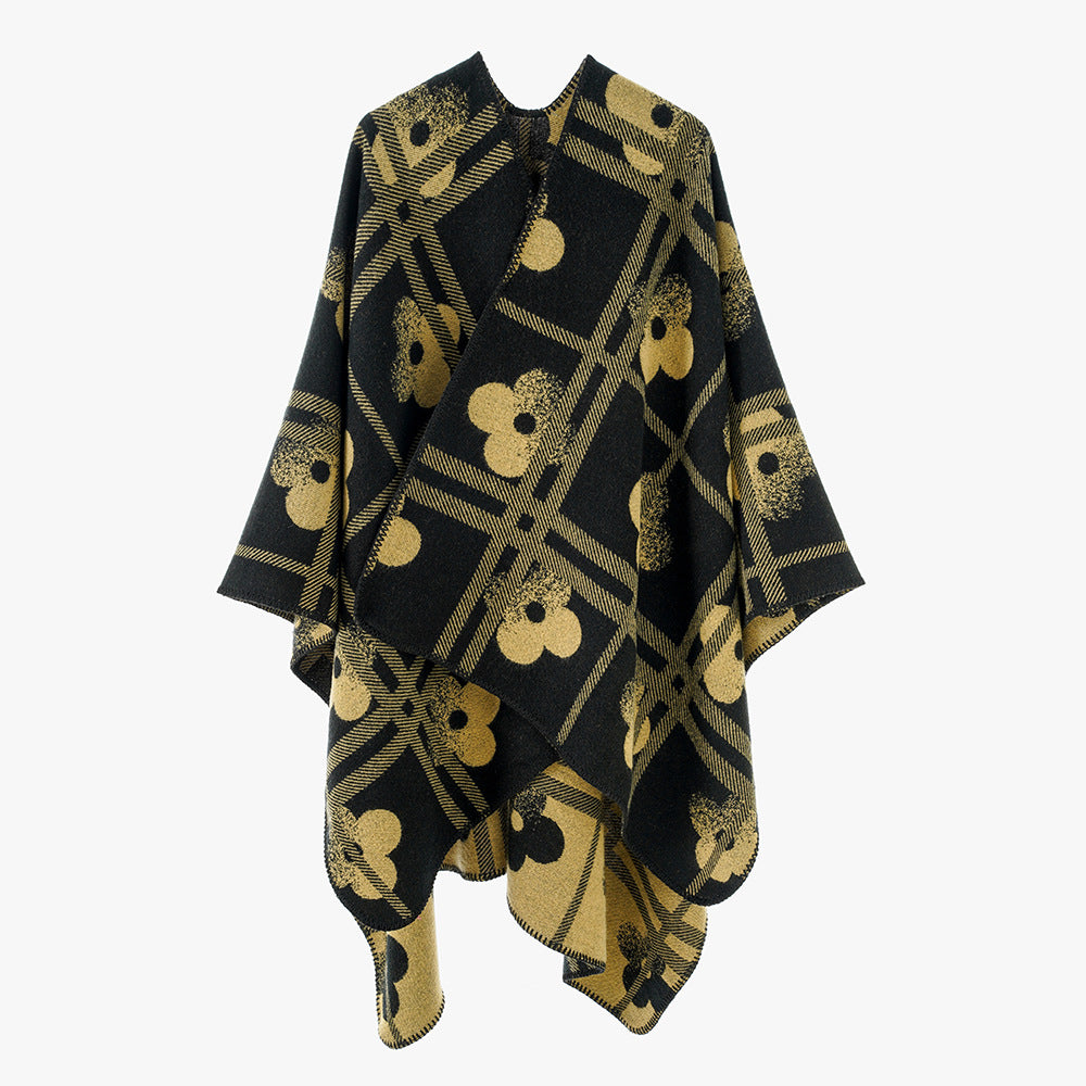 Women Coarse Woven Blanket Poncho in Ruana Cut with Floral Check Jacquard Mune Fashion