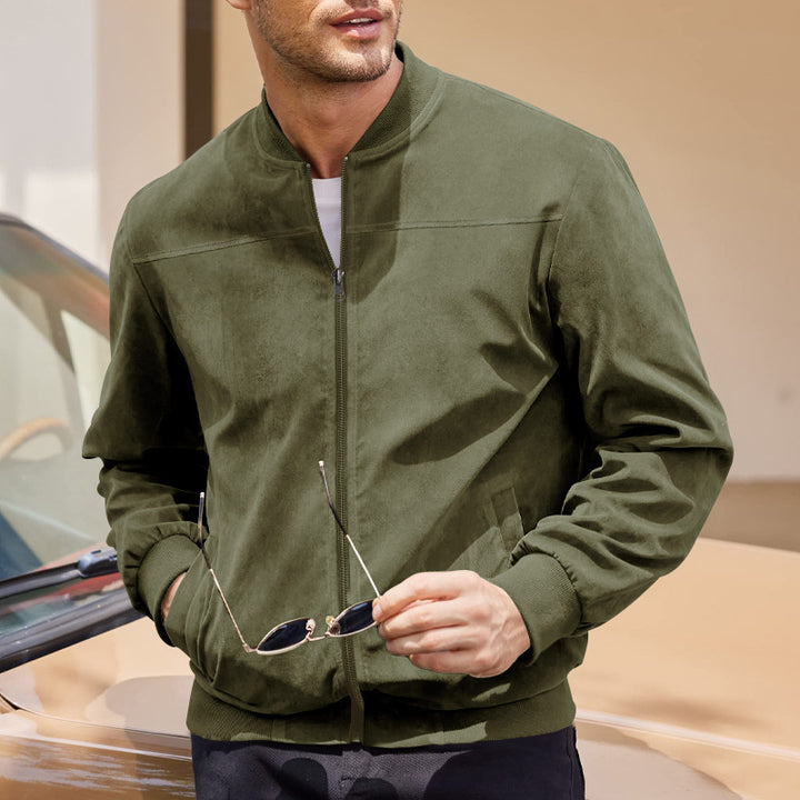 Men's velour leather look bomber jacket with stand-up collar and elastic cuffs Mune Fashion