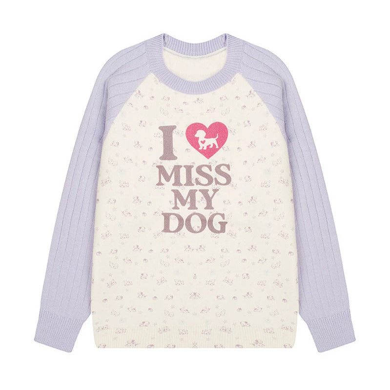 Women's knit sweater with raglan sleeves, allover dog motif and statement print Mune Fashion