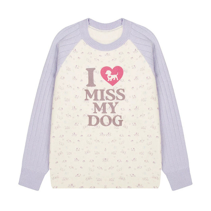 Women's knit sweater with raglan sleeves, allover dog motif and statement print Mune Fashion