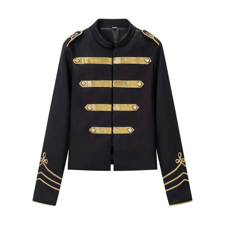 Women's military-inspired short jacket with stand-up collar and golden braid trimmings Mune Fashion