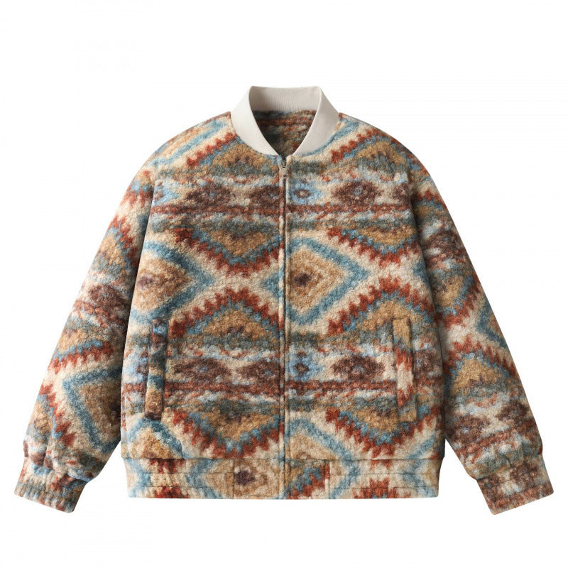 Unisex Boxy Fleece Bomber Jacket with Aztec Pattern and Zipper Mune Fashion