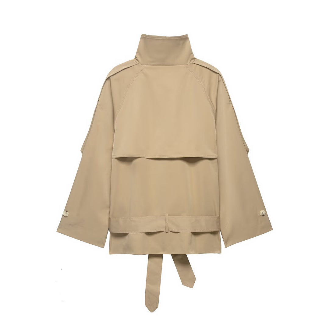 Women's Short Cape Trench with High Standing Collar, Double-Breasted Button Placket and Tie Belt Mune Fashion
