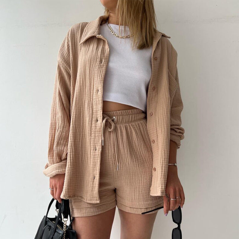 Women's casual oversized shirt and shorts set with chest pocket, drawstring, and brushed cotton texture Mune Fashion