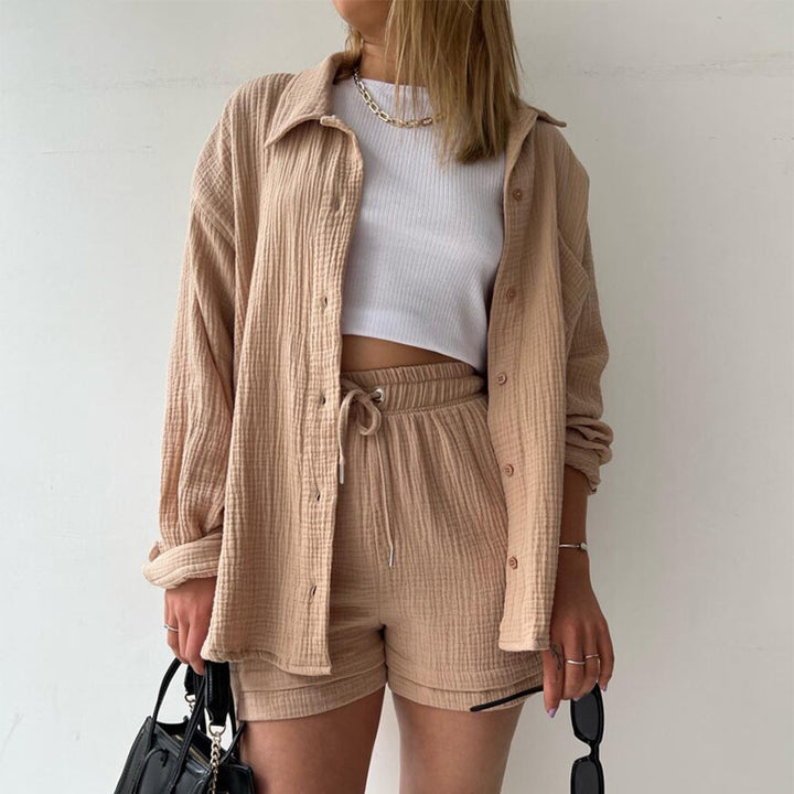 Women's casual oversized shirt and shorts set with chest pocket, drawstring, and brushed cotton texture Mune Fashion