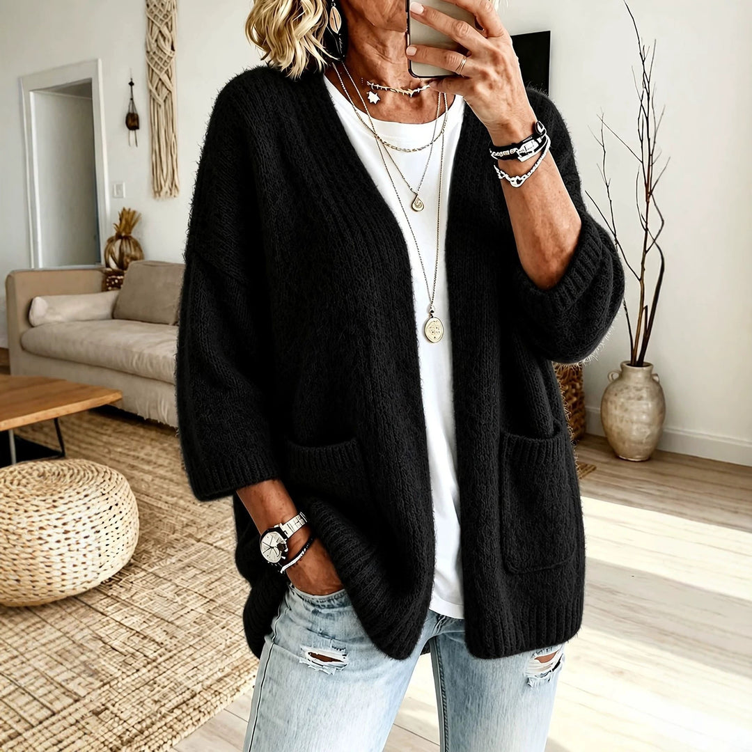 Women's Open Long Cardigan in Mohair Look with Patch Pockets and Dropped Shoulder Mune Fashion