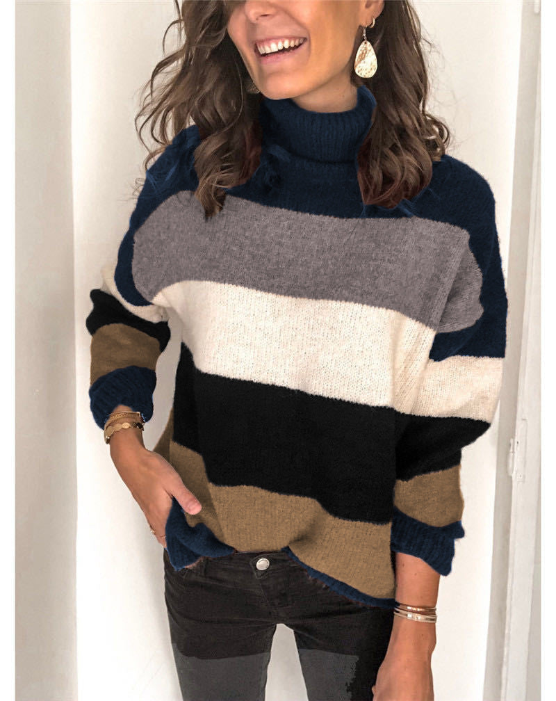 Women Oversize Turtleneck Sweater with Wide Block Stripes and Soft Knit Mune Fashion