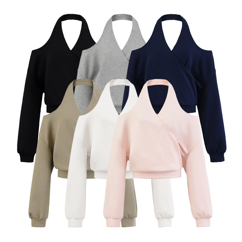 Women's Cropped Sweatshirt with Halter Neck, Cold-Shoulder and Wrap Look Mune Fashion