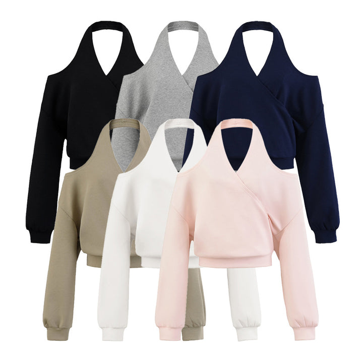 Women's Cropped Sweatshirt with Halter Neck, Cold-Shoulder and Wrap Look Mune Fashion