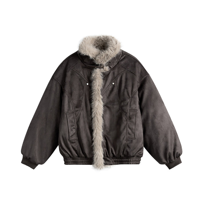 Women's boxy bomber jacket made of faux suede with a voluminous faux fur collar Mune Fashion