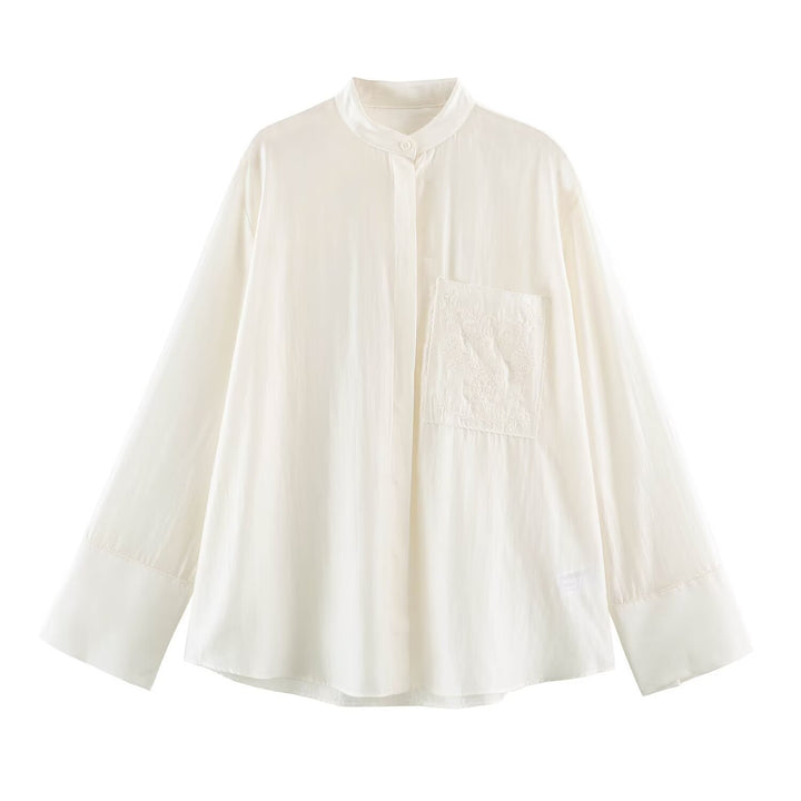 Women Oversized Silk Effect Shirt Blouse with Stand Collar and Embroidered Chest Pocket Mune Fashion