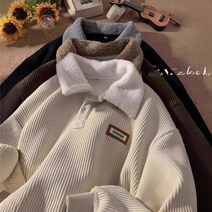 Women's Soft Corduroy Sweater with Sherpa Collar Mune Fashion