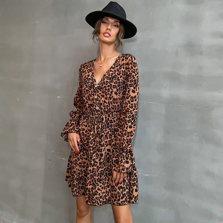 Women's Tiered Minidress with V-Neck, Waist Drawstring and Leopard Print Mune Fashion