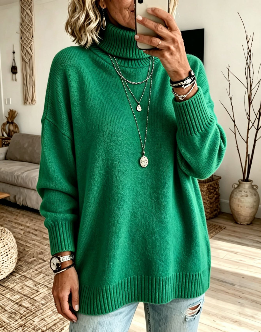 Women's Oversize Rollneck Sweater made of fine knit with ribbed cuffs and dropped shoulders Mune Fashion