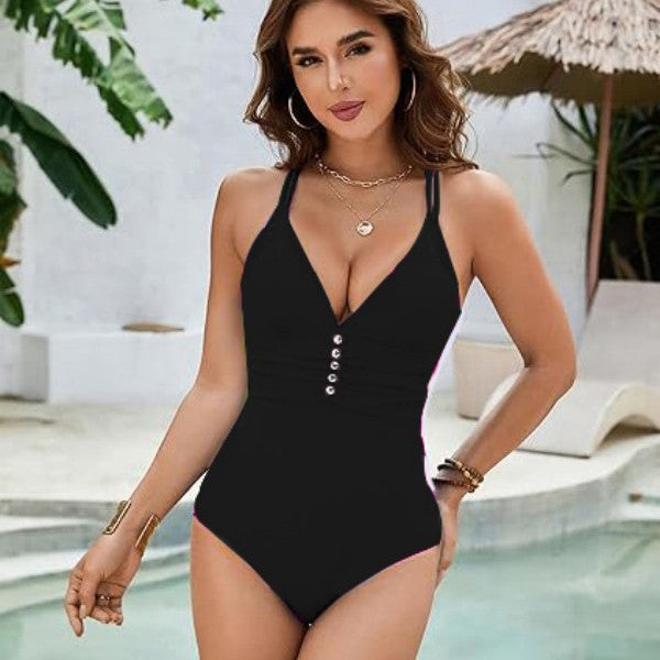 Damen Bikini-Einteiler mit V-Ausschnitt und stilvollen Knöpfen Echo Archiv