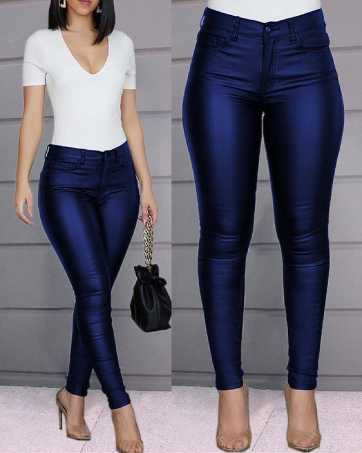 Ladies figure-hugging high-waist faux leather pants in skinny cut with five-pocket Mune Fashion