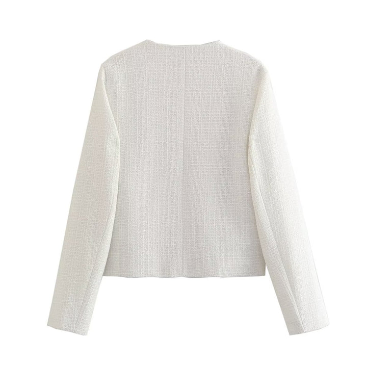 Women's short-cut tweed jacket with boucle structure, round neckline and decorative gold buttons Mune Fashion