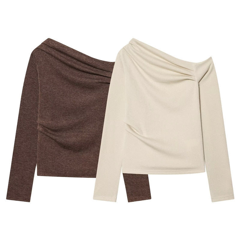 Women Asymmetric Fine Knit Top with Waterfall Collar and Side Gathering Mune Fashion