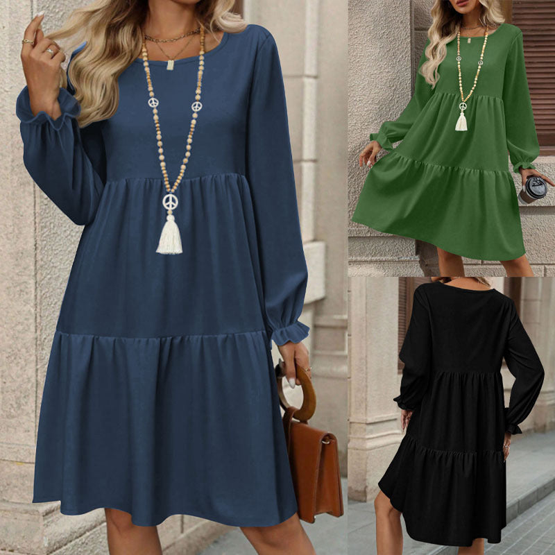 Women Loose Midi Dress in Tiered Look with Gathered Waist Yoke and Ruffle Cuffs Mune Fashion