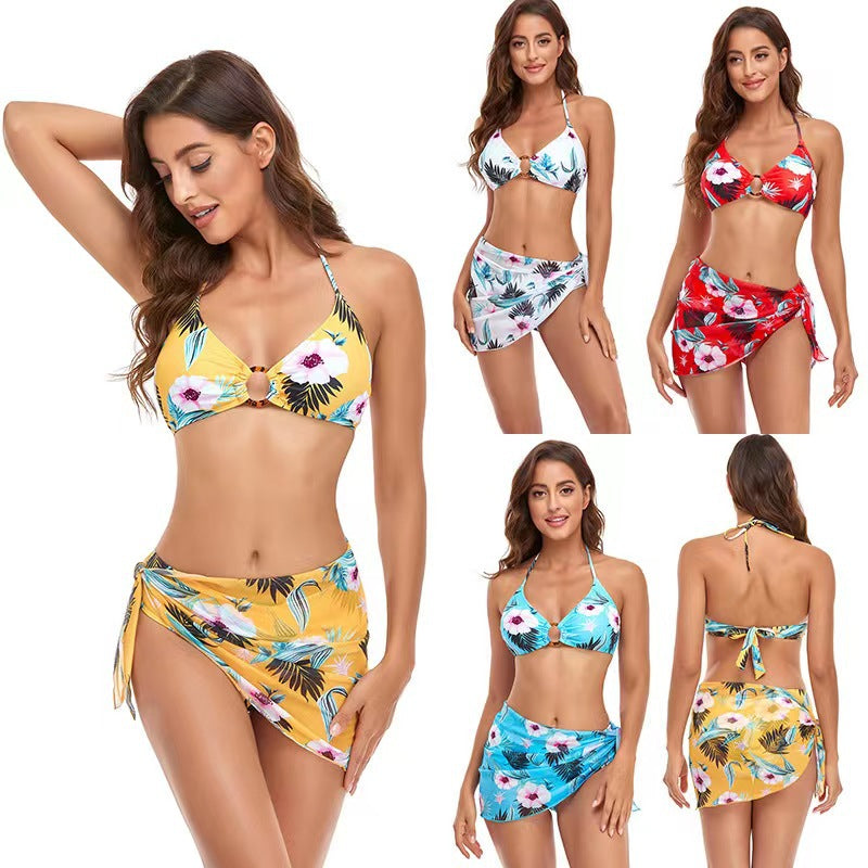 Women's Triangle Bikini Set with trendy wrap skirt and floral design Mune Fashion