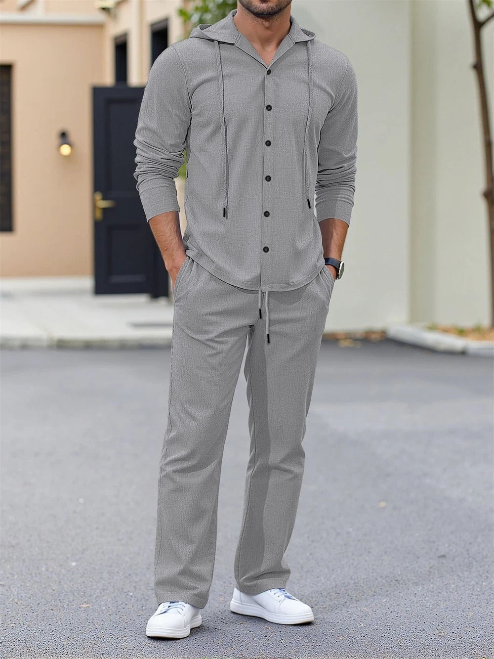 Men's casual two-piece lounge set with hoodie shirt, full button placket, and drawstring pants Mune Fashion
