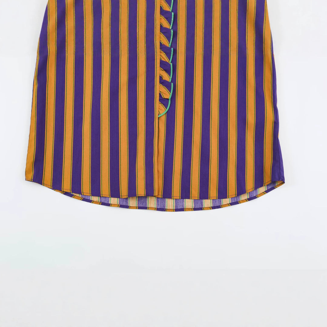 Women's Striped Blouse with Stand-up Collar, Ruffle Trim and Gathered Cuffs Mune Fashion