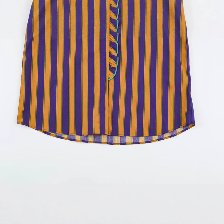 Women's Striped Blouse with Stand-up Collar, Ruffle Trim and Gathered Cuffs Mune Fashion