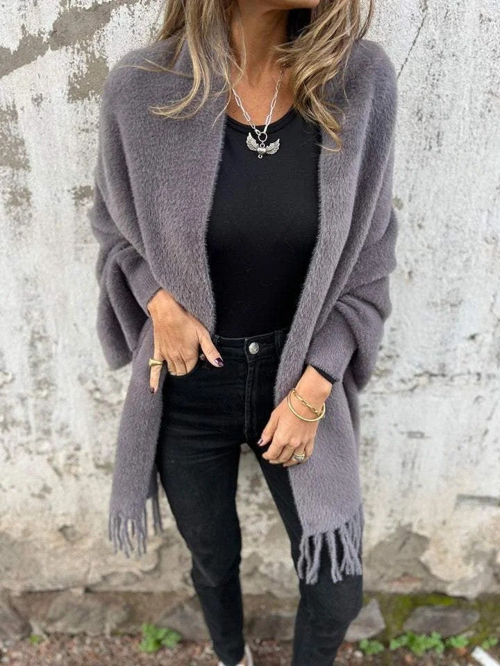 Women's longer cozy fringed cardigan with shawl collar and oversized fit Mune Fashion