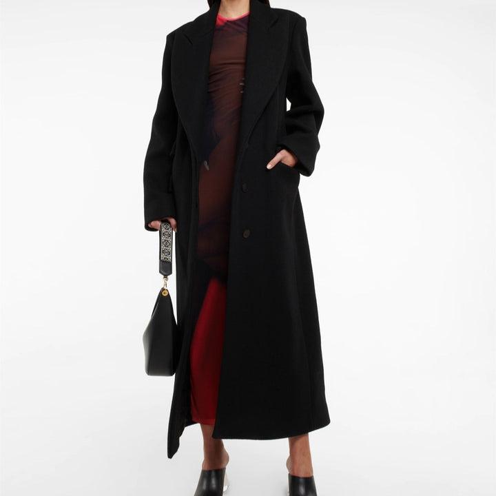 Women's Floor-Length Longline Single-Breasted Wool Blend Coat with Distinctive Shoulder Design Mune Fashion