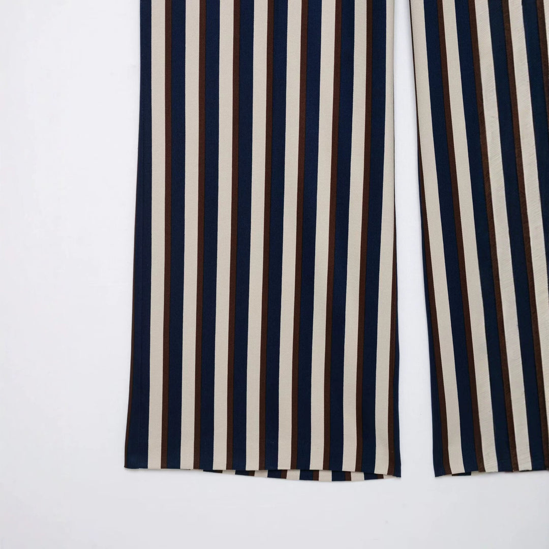Women's Wide High-Waist Culotte Pants with Vertical Stripe Pattern and Decorative Belt Drune