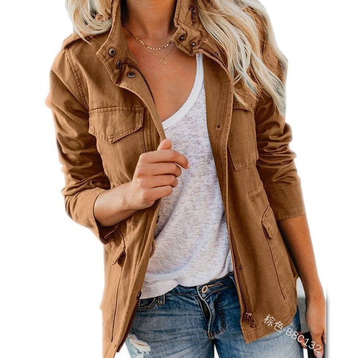 Women’s utility field jacket with stand-up collar, patch pockets and waist drawstring Mune Fashion