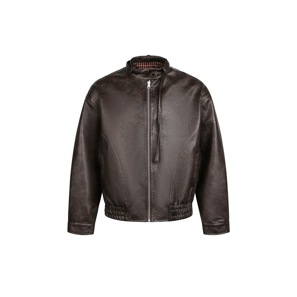 Men's short-cut vintage leather blouson with buckle collar and elastic hem Mune Fashion