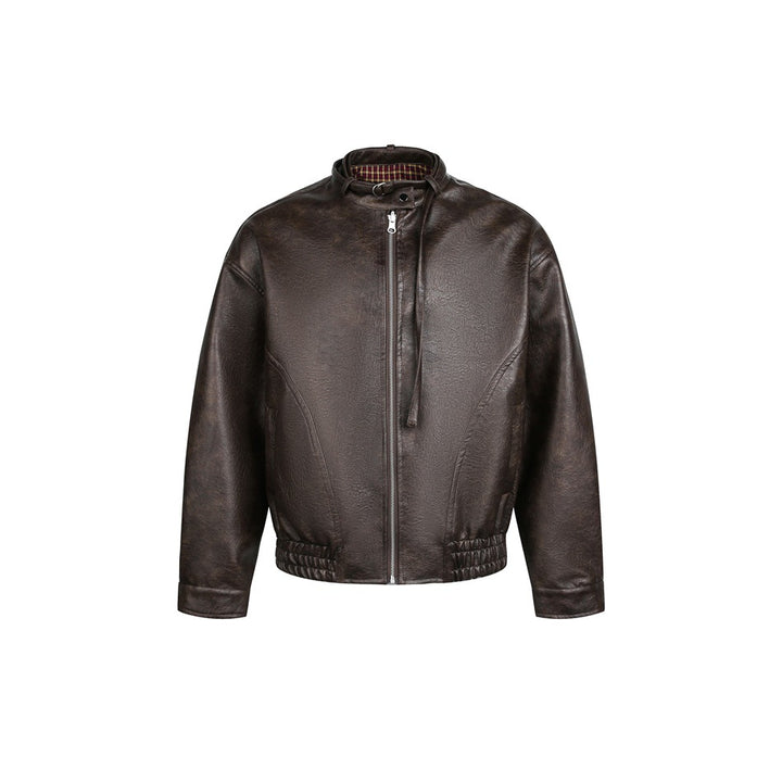 Men's short-cut vintage leather blouson with buckle collar and elastic hem Mune Fashion