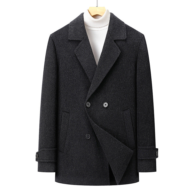 Men's Double-Breasted Wool Blend Short Coat with Lapel Collar Mune Fashion