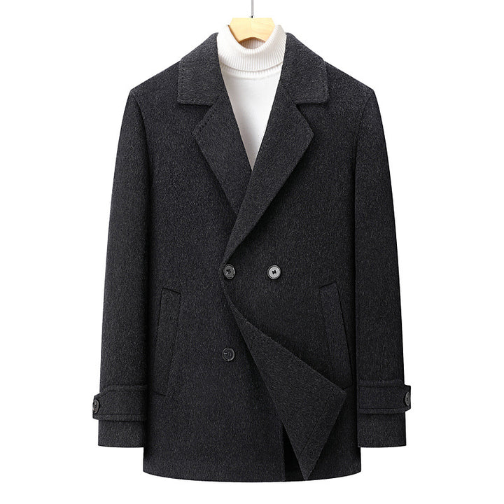 Men's Double-Breasted Wool Blend Short Coat with Lapel Collar Mune Fashion