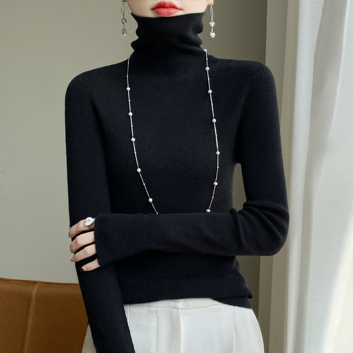 Women Slim Turtleneck Fine Knit Sweater with Elastic Rib Structure and Minimalist Silhouette Mune Fashion
