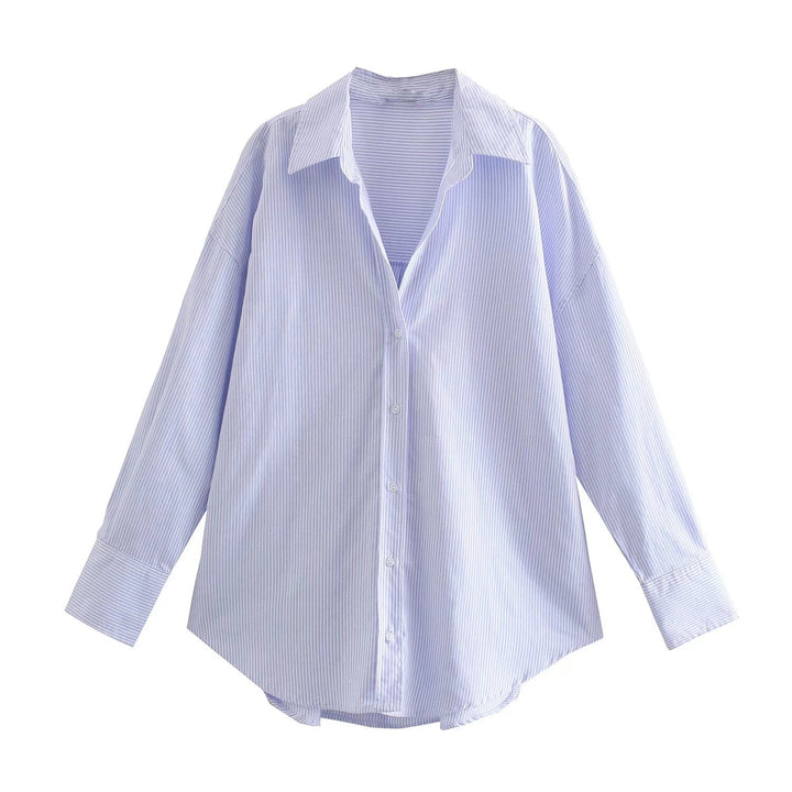 Women's oversized long blouse with Kent collar, continuous button placket and rounded hem Mune Fashion