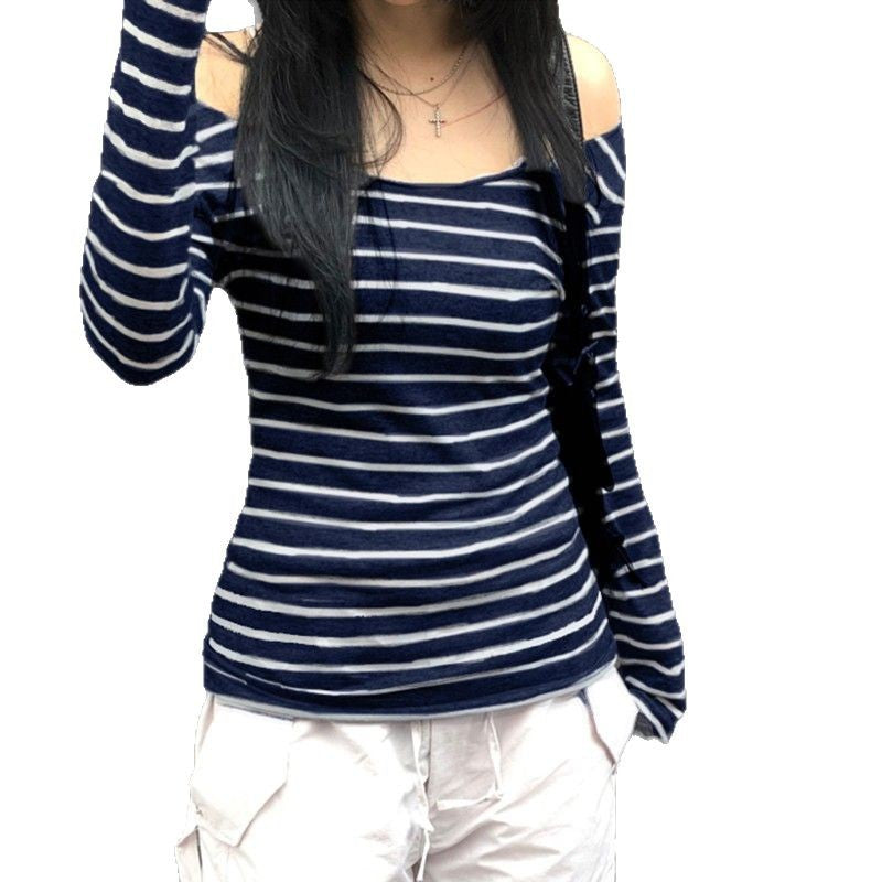 Women's off-shoulder striped long-sleeve shirt with wide bateau neckline and figure-hugging waistline Mune Fashion