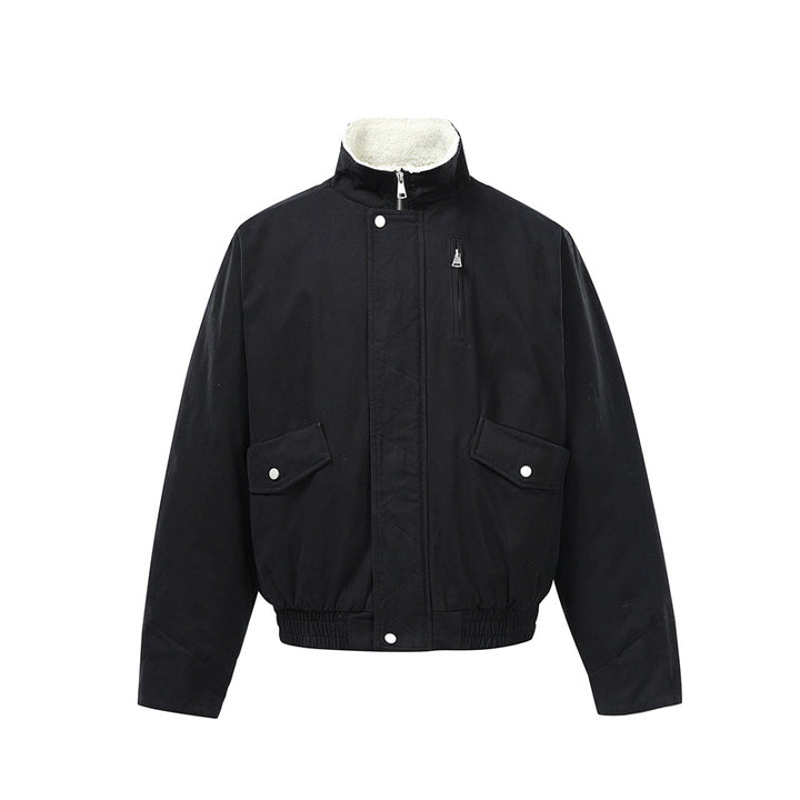Men's Short Boxy Utility Bomber Jacket made of Canvas with Quilted Front Yoke and Stand-Up Collar Mune Fashion