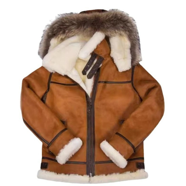 Men's shearling bomber jacket in aviator style with hood and contrasting leather trim Mune Fashion
