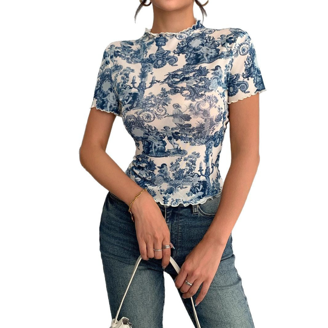 Women's fitted short-sleeved mesh shirt with stand-up collar and romantic country house print Mune Fashion