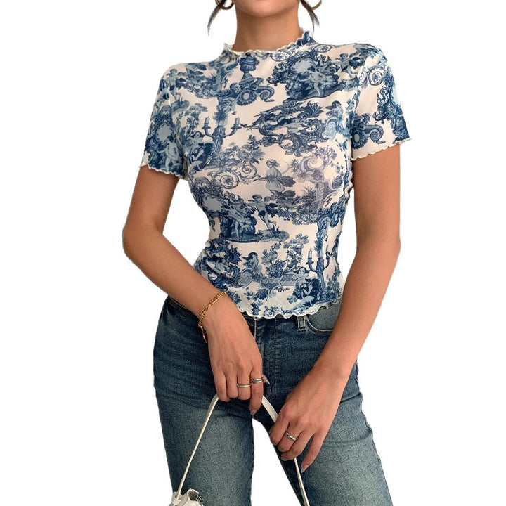 Women's fitted short-sleeved mesh shirt with stand-up collar and romantic country house print Mune Fashion