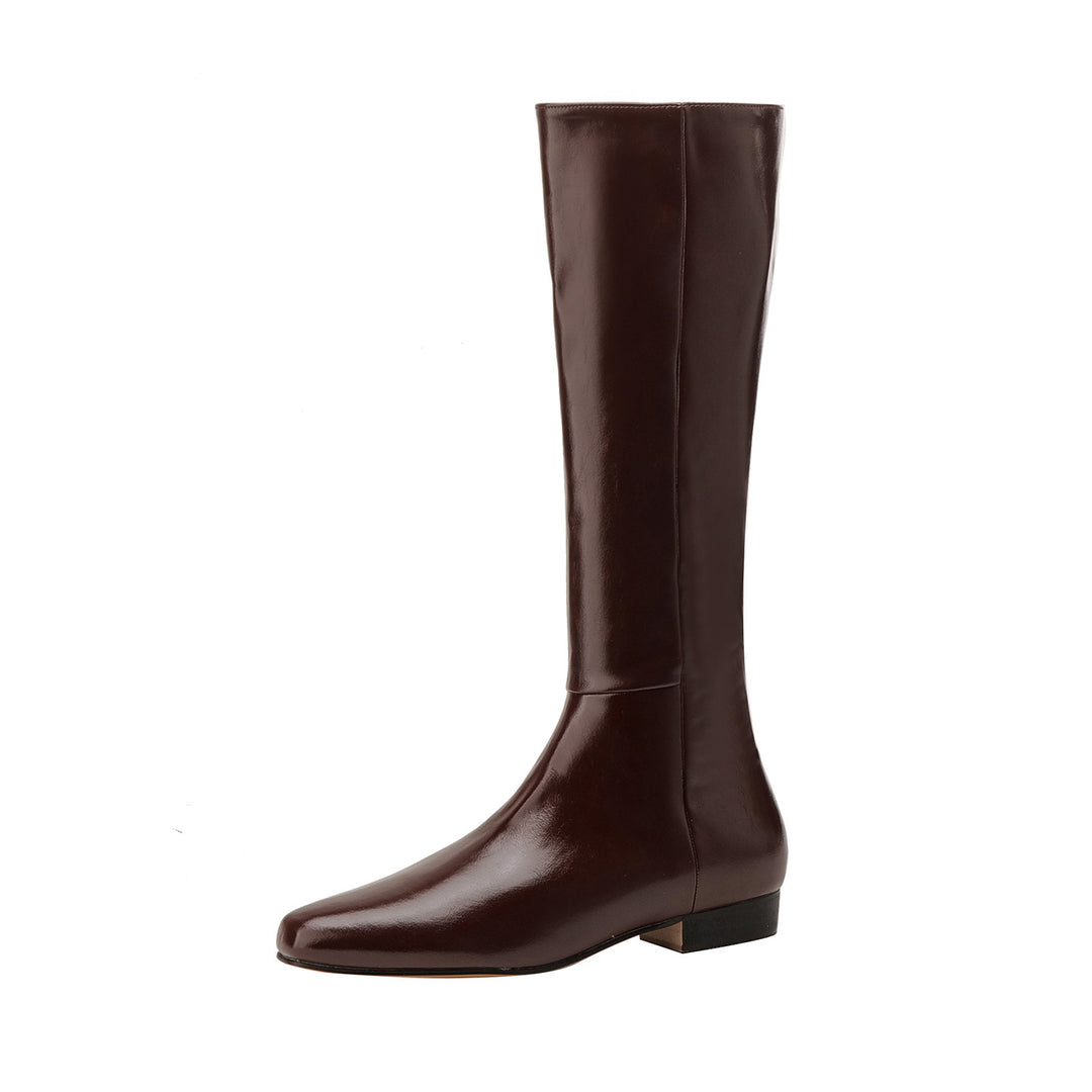 Women's knee-high smooth leather boots with square toe and low block heel Mune Fashion