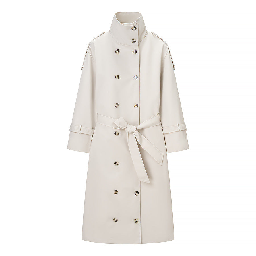 Women's Double-Breasted Leather-Look Coat with High Standing Collar and Tie Belt Mune Fashion