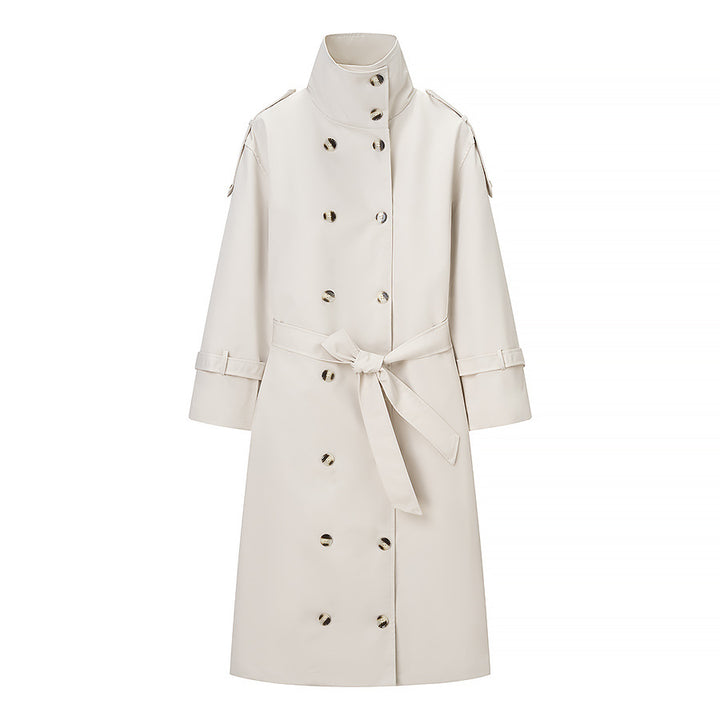 Women's Double-Breasted Leather-Look Coat with High Standing Collar and Tie Belt Mune Fashion