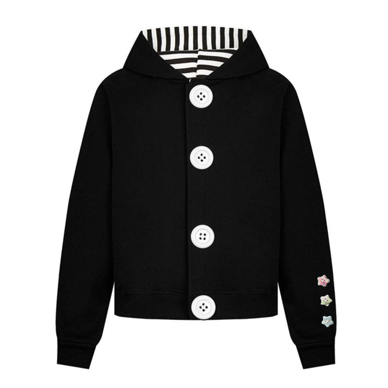 Women's hooded sweat jacket with oversized buttons, striped inner lining, and ribbed cuffs.